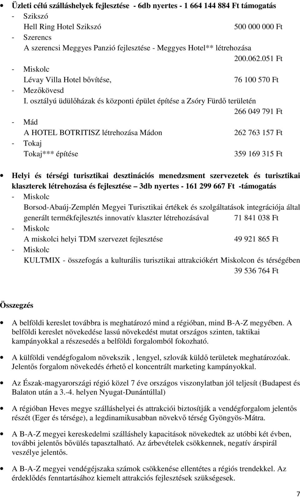 osztályú üdülőházak és központi épület építése a Zsóry Fürdő területén 266 049 791 Ft - Mád A HOTEL BOTRITISZ létrehozása Mádon 262 763 157 Ft - Tokaj Tokaj*** építése 359 169 315 Ft Helyi és térségi