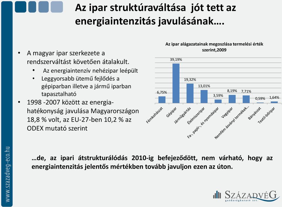 javulása Magyarországon 18,8 % volt, az EU-27-ben 10,2 % az ODEX mutató szerint 6,75% Az ipar alágazatainak megoszlása termelési érték szerint,2009 39,19%