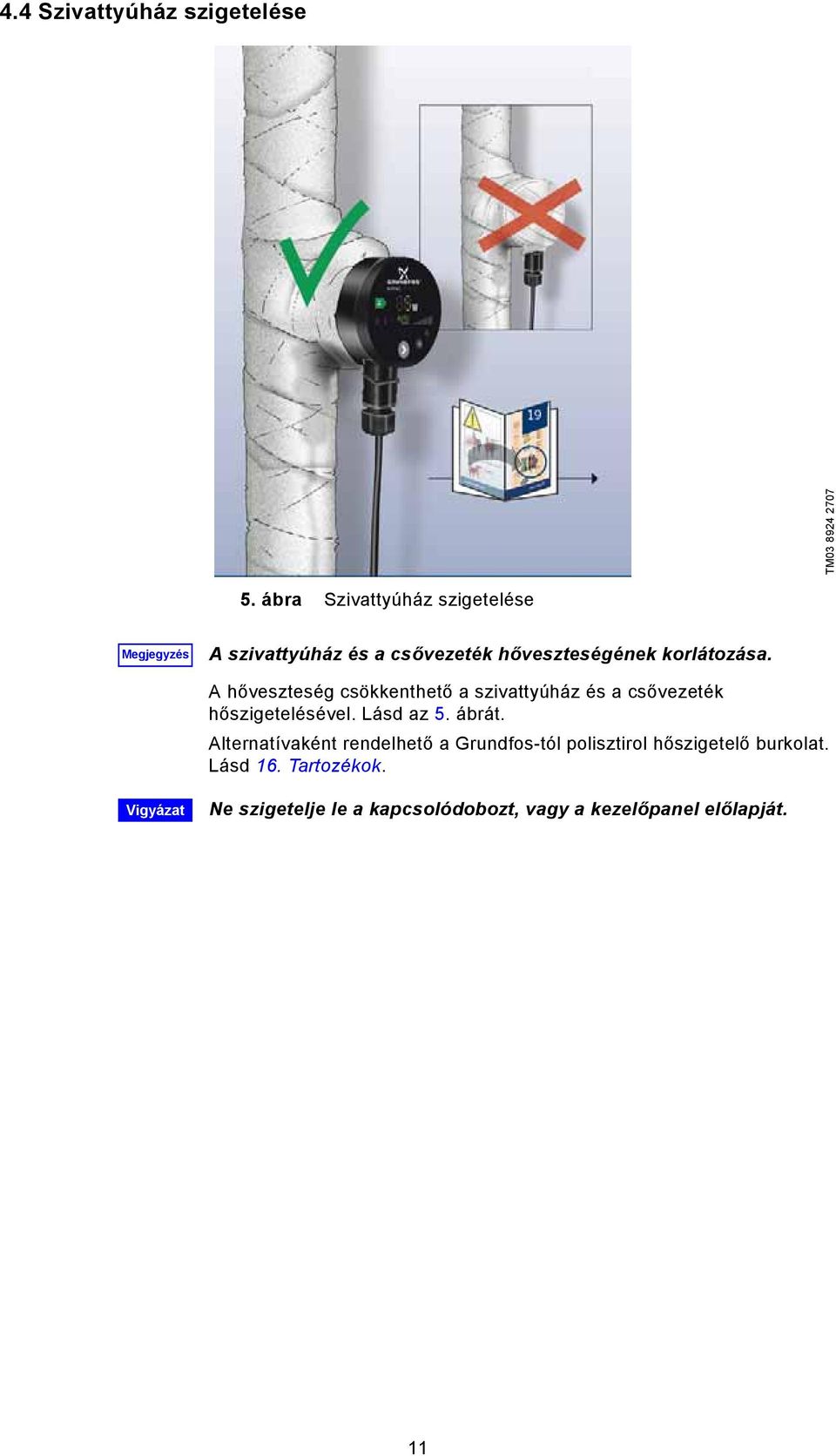 A hőveszteség csökkenthető a szivattyúház és a csővezeték hőszigetelésével. Lásd az 5. ábrát.