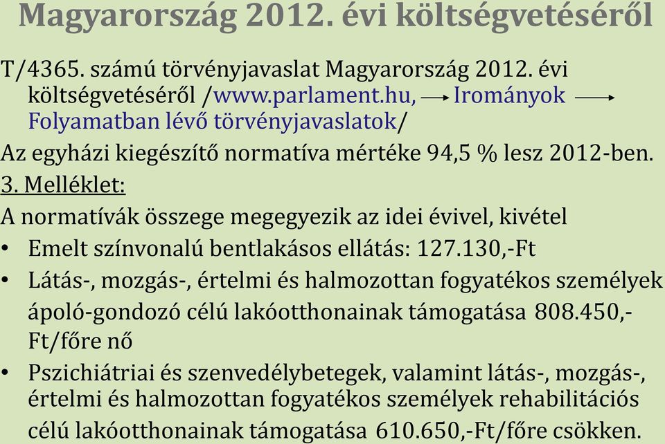 Melléklet: A normatívák összege megegyezik az idei évivel, kivétel Emelt színvonalú bentlakásos ellátás: 127.