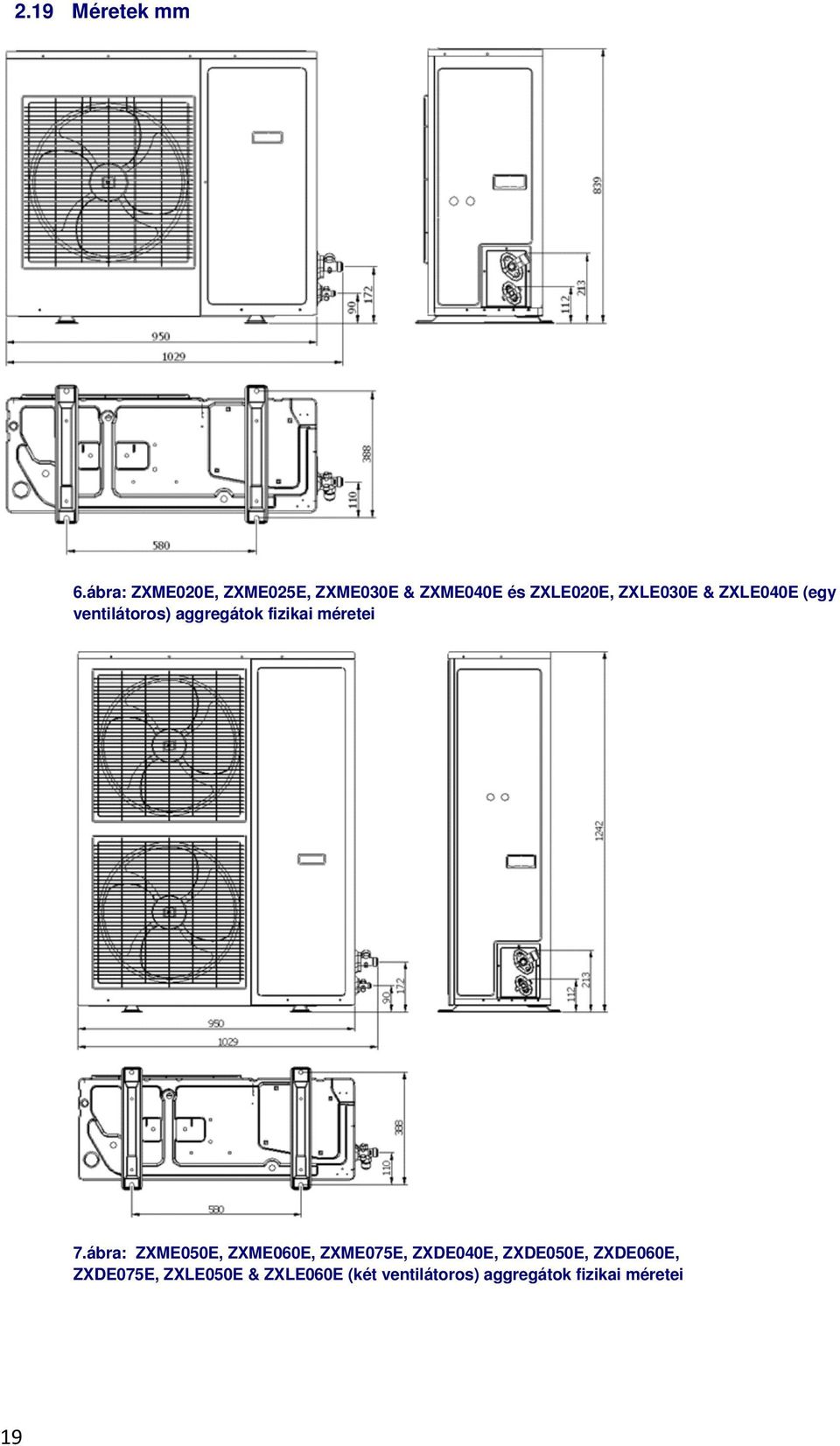 ZXLE040E (egy ventilátoros) aggregátok fizikai méretei 7.