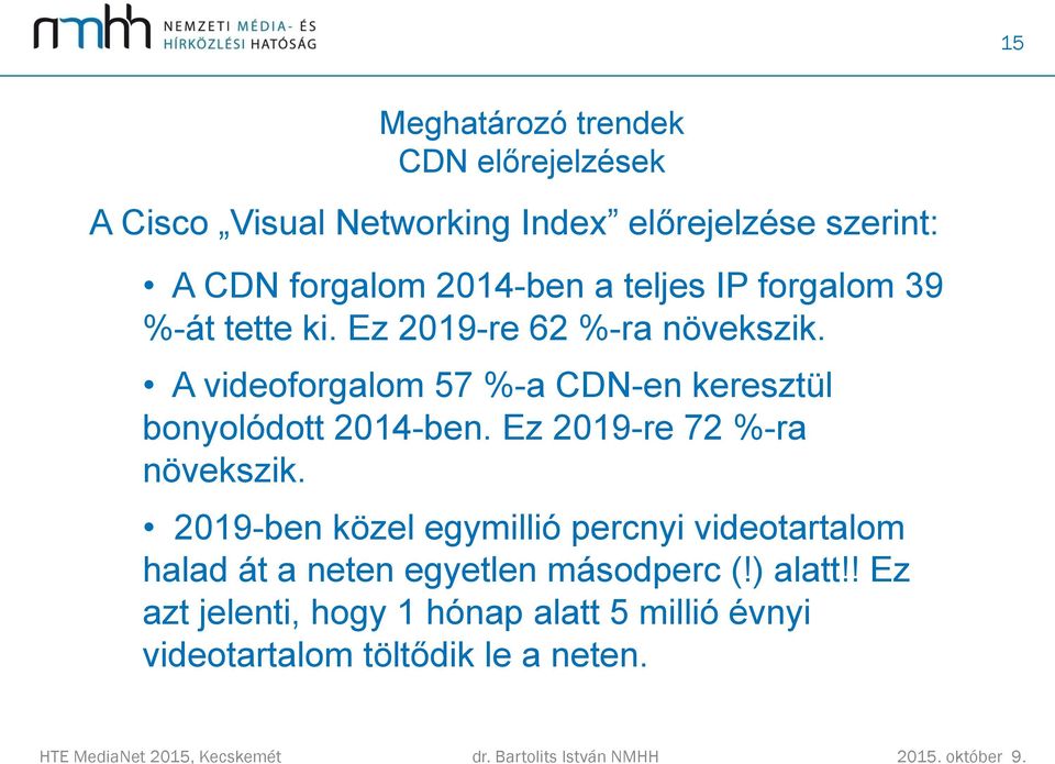 A videoforgalom 57 %-a CDN-en keresztül bonyolódott 2014-ben. Ez 2019-re 72 %-ra növekszik.