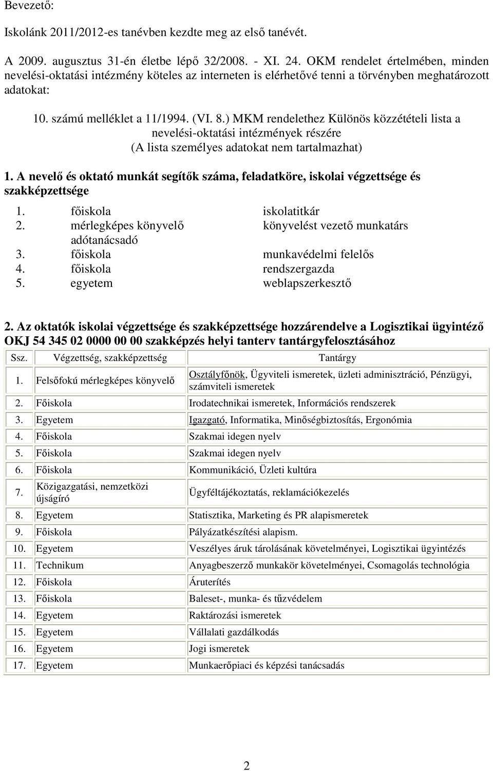 ) MKM rendelethez Különös közzétételi lista a nevelési-oktatási intézmények részére (A lista személyes adatokat nem tartalmazhat) 1.