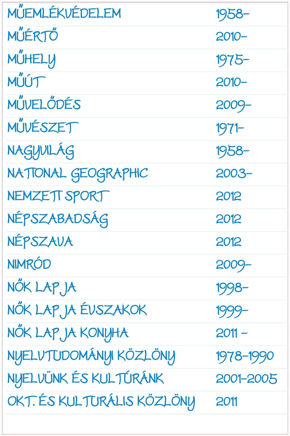 2012 NIMRÓD 2009- NŐK LAPJA 1998- NŐK LAPJA ÉVSZAKOK 1999- NŐK LAPJA KONYHA 2011 -