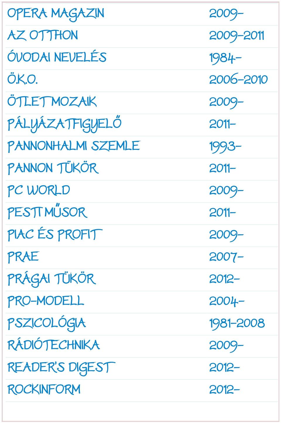 WORLD 2009- PESTI MŰSOR 2011- PIAC ÉS PROFIT 2009- PRAE 2007- PRÁGAI TÜKÖR 2012-