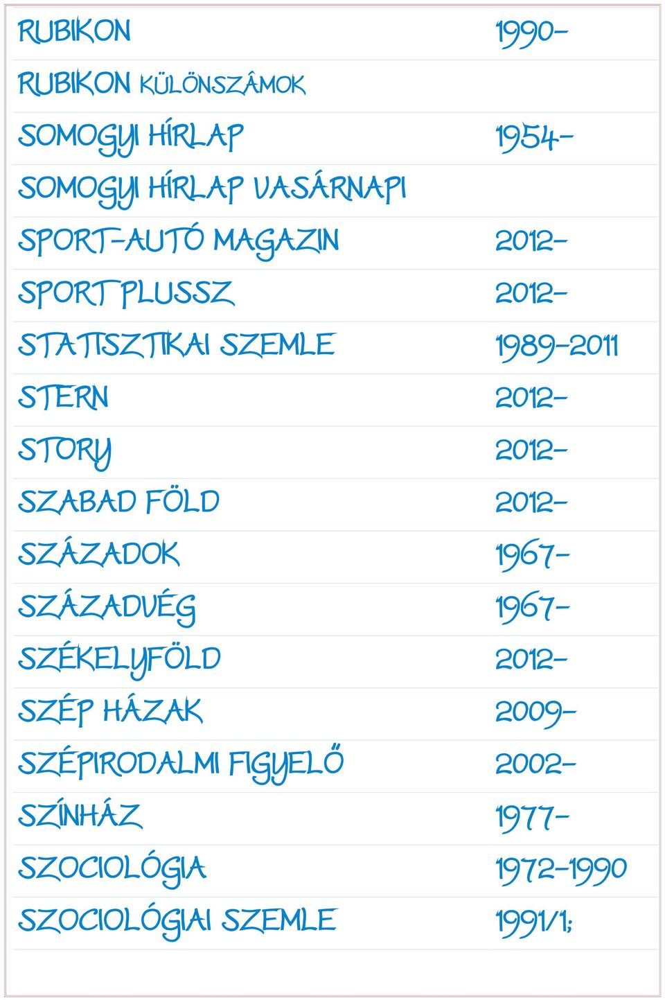 STORY 2012- SZABAD FÖLD 2012- SZÁZADOK 1967- SZÁZADVÉG 1967- SZÉKELYFÖLD 2012- SZÉP