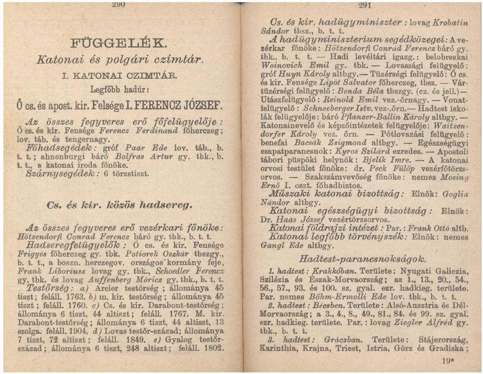 8zárnysegédek: 6 törzstiszt. Cs. és kir. kö1tös hadseteg. Az összes fegyveres erő vezérkari főnöke: Hötzendorfi Oonrad Fm'encz báró gy. tbk., b. t. t. Hadseregfe"ii,gyewk: ti cs. és kir. Fensége Frigye8 főherezeg gy.