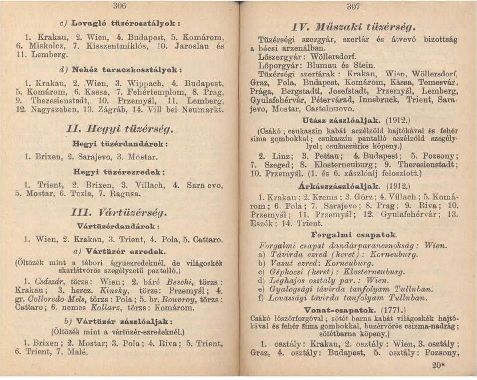 Hegyi tüzérdandárok: 1. Brixen, 2. Sarajevo, 3. Mo star. Hegyi tü_érezredek: 1. Trient, 2. Brixen, 3. Villach, 4. Sara evo, 5. Mostar, 6. 'l'uzla, 7. Ragusa. III.