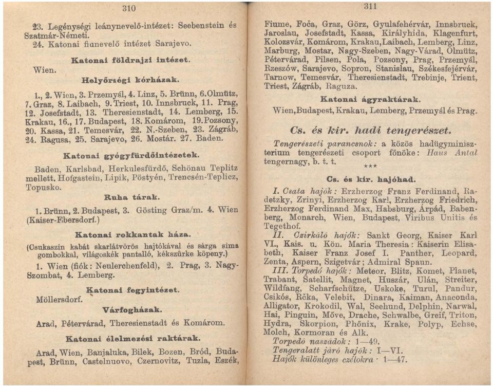 Kassa, 21. Temesvár, 22. N.-Szeben, 23. Zágráb, 24. Ragusa, ~5. Sarajevo, 26. Mostár. 27. Baden. Katouai gyógyfürdlhntézetek. Baden, Karisbad, Herkulesfürdő, Schönau Teplitz mellett.