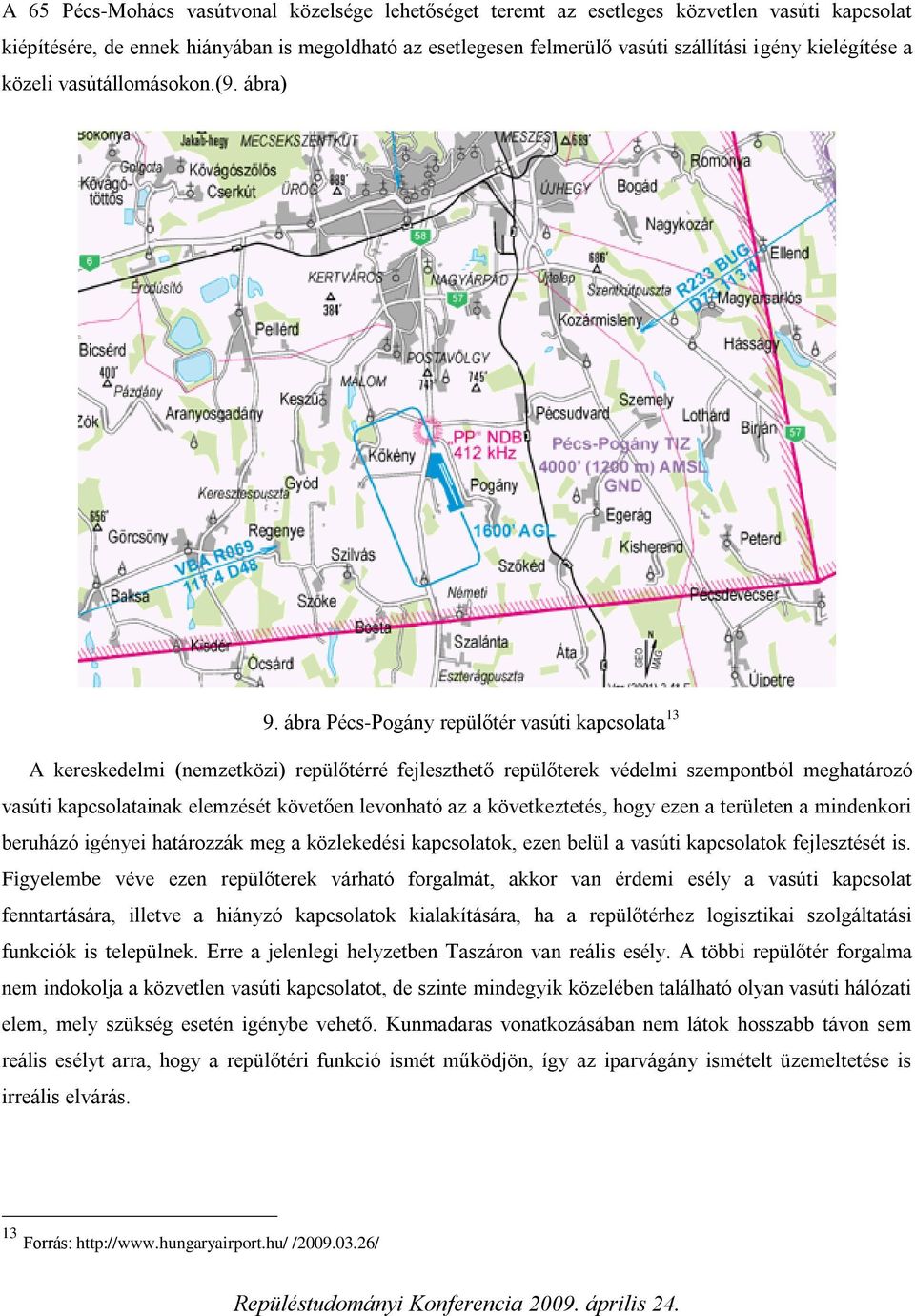 ábra Pécs-Pogány repülőtér vasúti kapcsolata 13 A kereskedelmi (nemzetközi) repülőtérré fejleszthető repülőterek védelmi szempontból meghatározó vasúti kapcsolatainak elemzését követően levonható az
