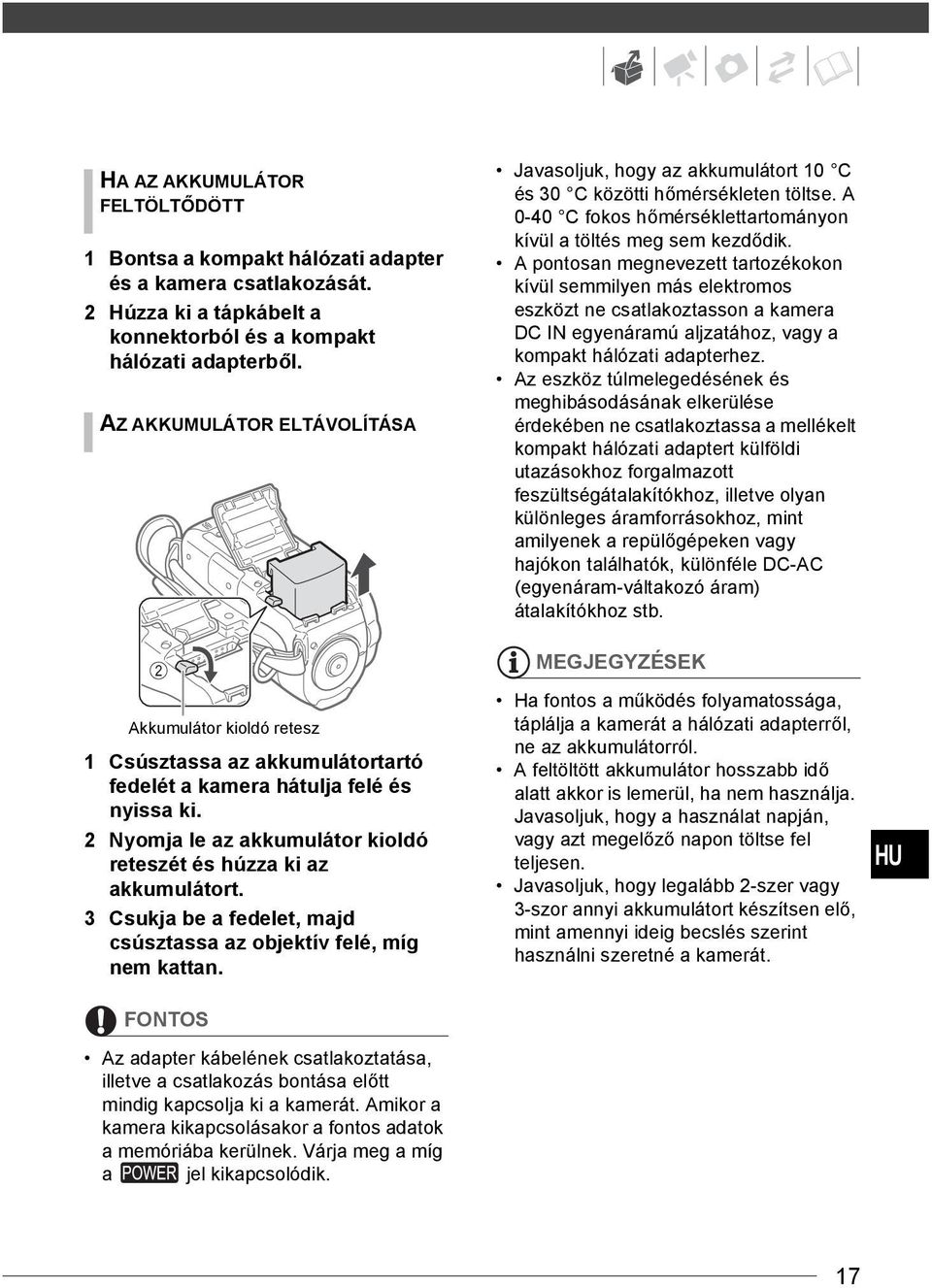 A pontosan megnevezett tartozékokon kívül semmilyen más elektromos eszközt ne csatlakoztasson a kamera DC IN egyenáramú aljzatához, vagy a kompakt hálózati adapterhez.