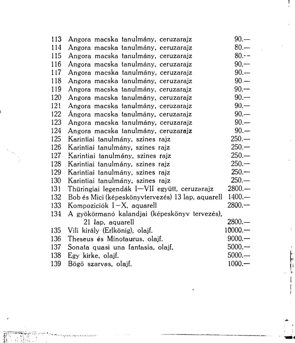 122 Ángora macska tanulmány, ceruzarajz 90 123 Angóra macska tanulmány, ceruzarajz 90 124 Angóra macska tanulmány, ceruzarajz 90 125 Karintiai tanulmány, színes rajz 250 126 Karintiai tanulmány,