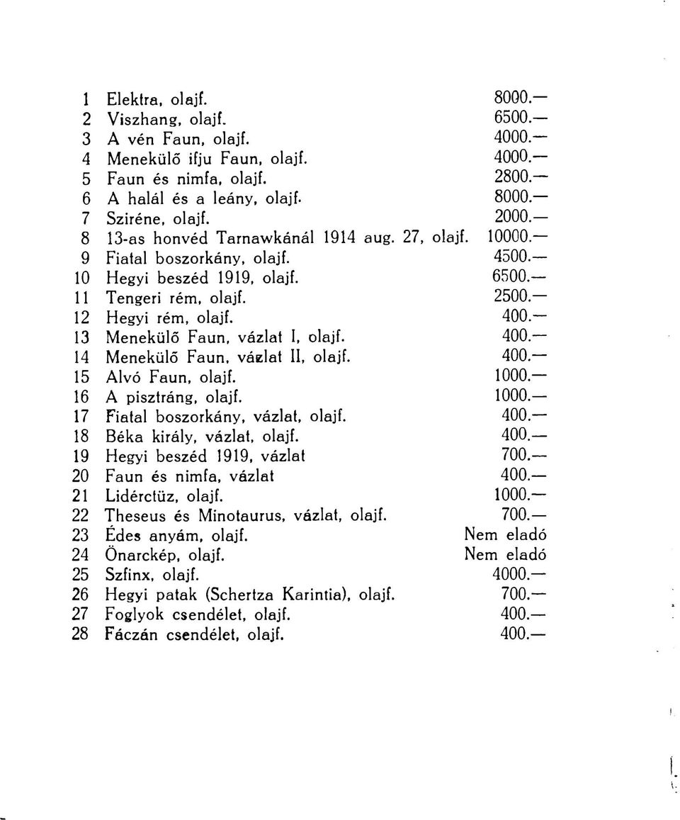 13 Menekülő Faun, vázlat I, olajf. 400. 14 Menekülő Faun, váelat II, olajf. 400. 15 Alvó Faun, olajf. 1000-16 A pisztráng, olajf. 1000. 17 Fiatal boszorkány, vázlat, olajf. 400. 18 Béka király, vázlat, olajf.