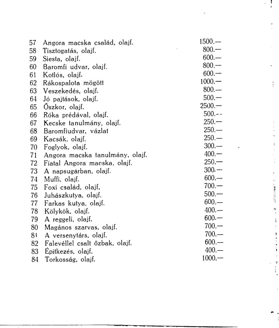 71 Angóra macska tanulmány, olajf. 400. 72 Fiatal Angóra macska, olajf. 250. 73 A napsugárban, olajf. 300. 74 Muffi, olajf. 600.- 75 Foxi család, olajf, 700. 76 Juhászkutya, olajf. 500.