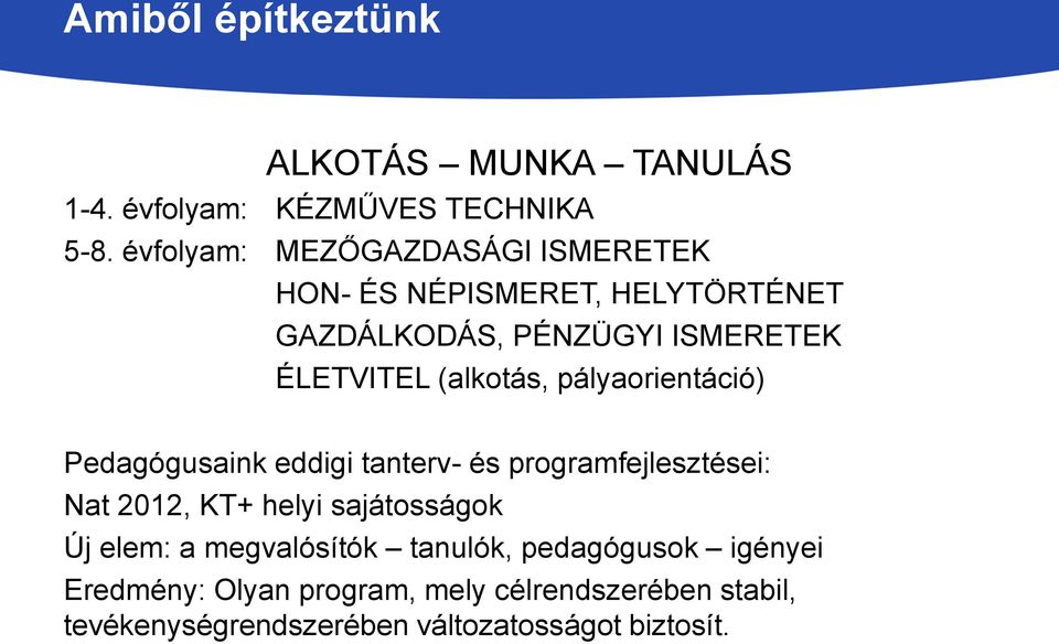 (alkotás, pályaorientáció) Pedagógusaink eddigi tanterv- és programfejlesztései: Nat 2012, KT+ helyi sajátosságok