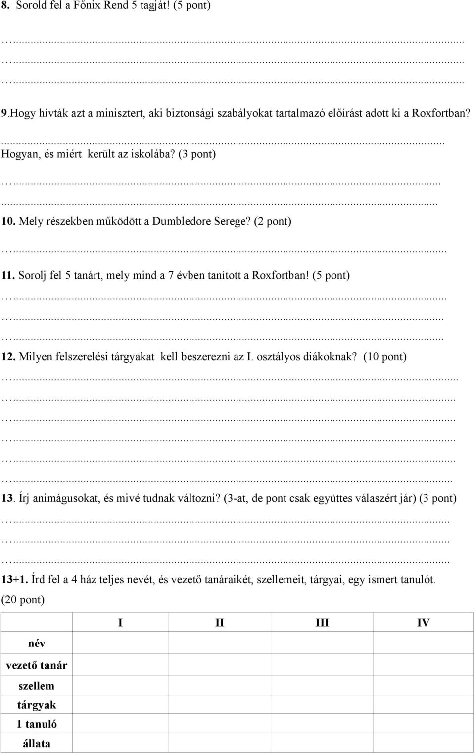 (5 pont). 12. Milyen felszerelési tárgyakat kell beszerezni az I. osztályos diákoknak? (10 pont).................. 13. Írj animágusokat, és mivé tudnak változni?