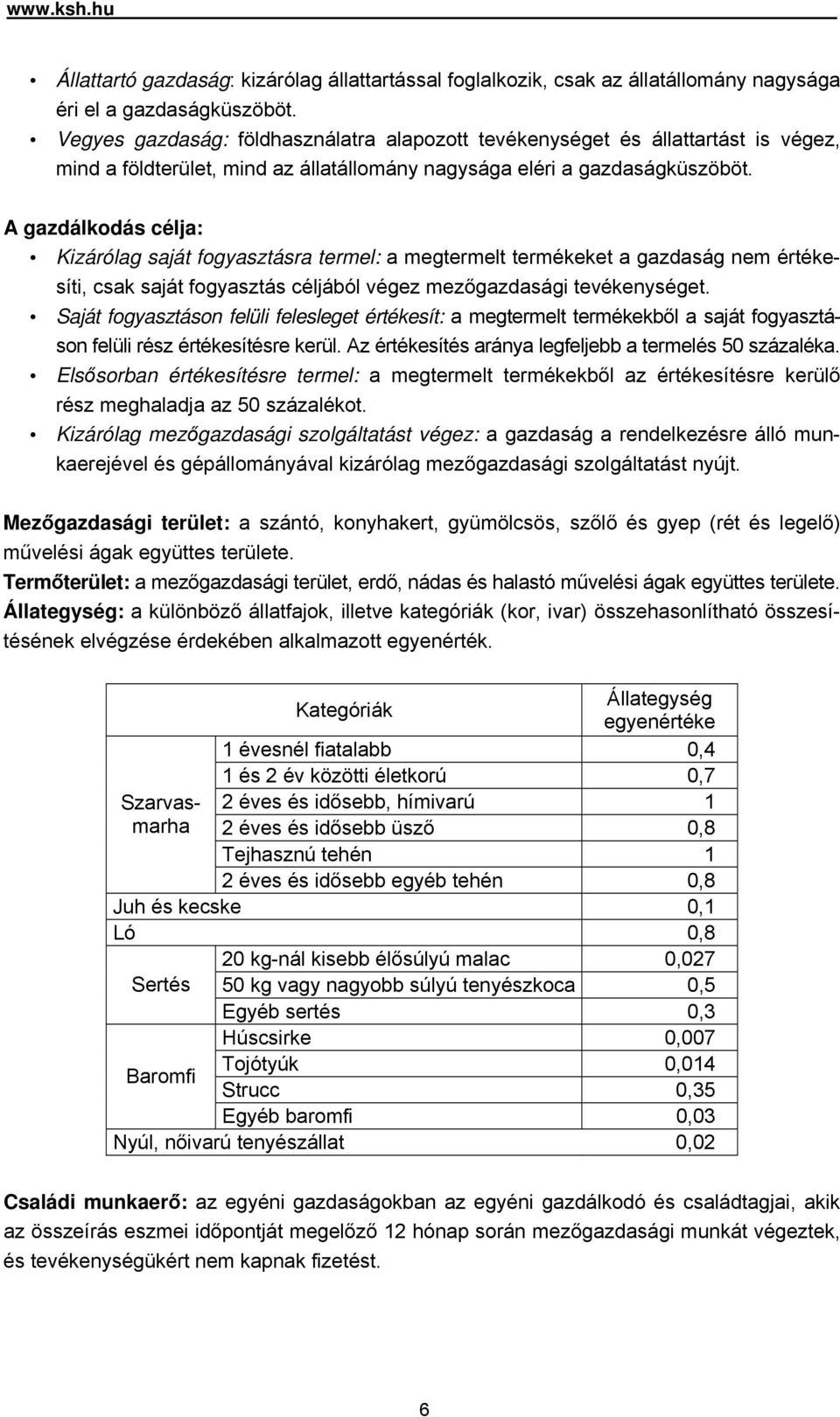 A gazdálkodás célja: Kizárólag saját fogyasztásra termel: a megtermelt termékeket a gazdaság nem értékesíti, csak saját fogyasztás céljából végez mezőgazdasági tevékenységet.