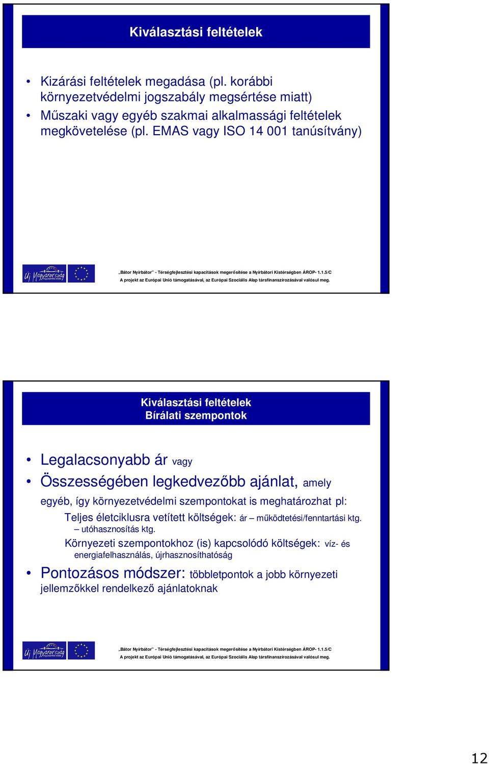 EMAS vagy ISO 14 001 tanúsítvány) Kiválasztási feltételek Bírálati szempontok Legalacsonyabb ár vagy Összességében legkedvezőbb ajánlat, amely egyéb, így