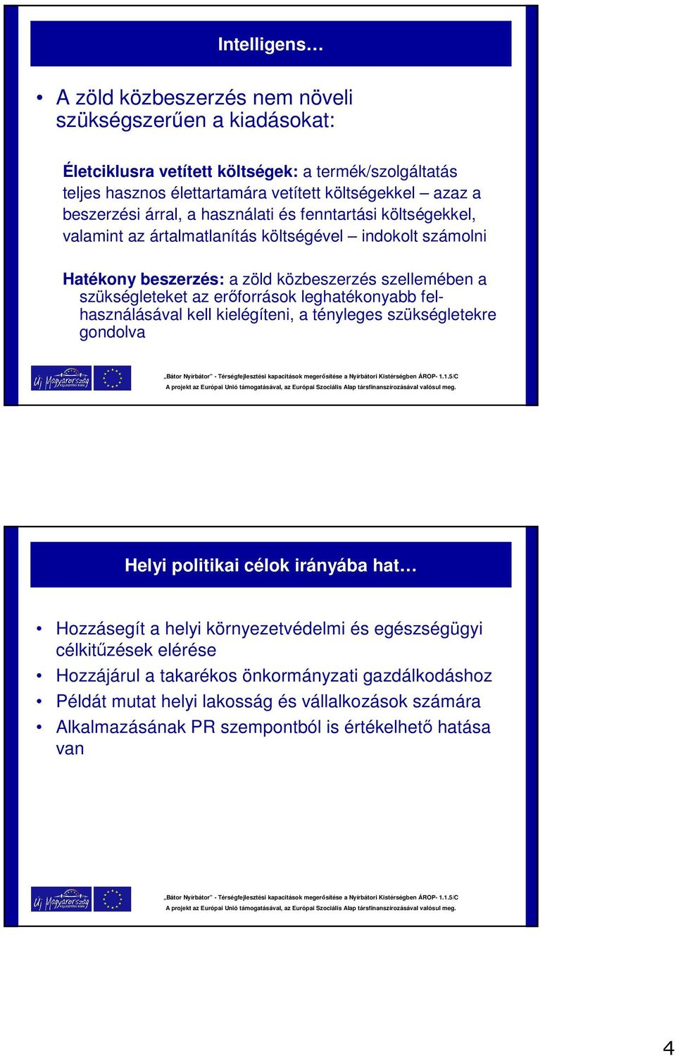 szükségleteket az erőforrások leghatékonyabb felhasználásával kell kielégíteni, a tényleges szükségletekre gondolva Helyi politikai célok irányába hat Hozzásegít a helyi