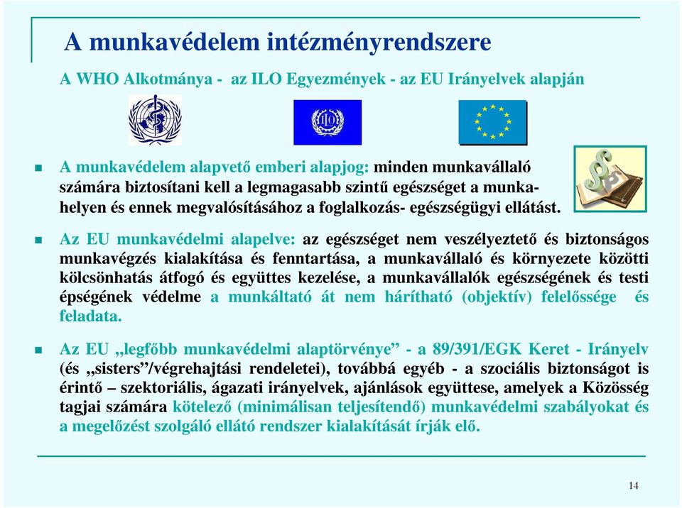 Az EU munkavédelmi alapelve: az egészséget nem veszélyeztető és biztonságos munkavégzés kialakítása és fenntartása, a munkavállaló és környezete közötti kölcsönhatás átfogó és együttes kezelése, a