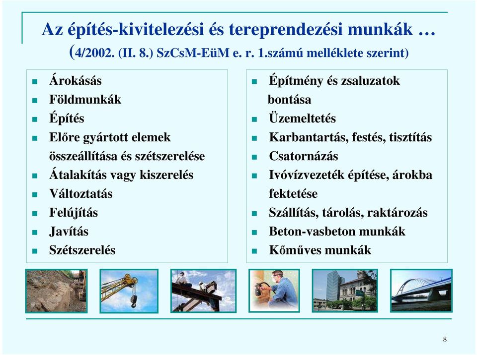 Átalakítás vagy kiszerelés Változtatás Felújítás Javítás Szétszerelés Építmény és zsaluzatok bontása Üzemeltetés