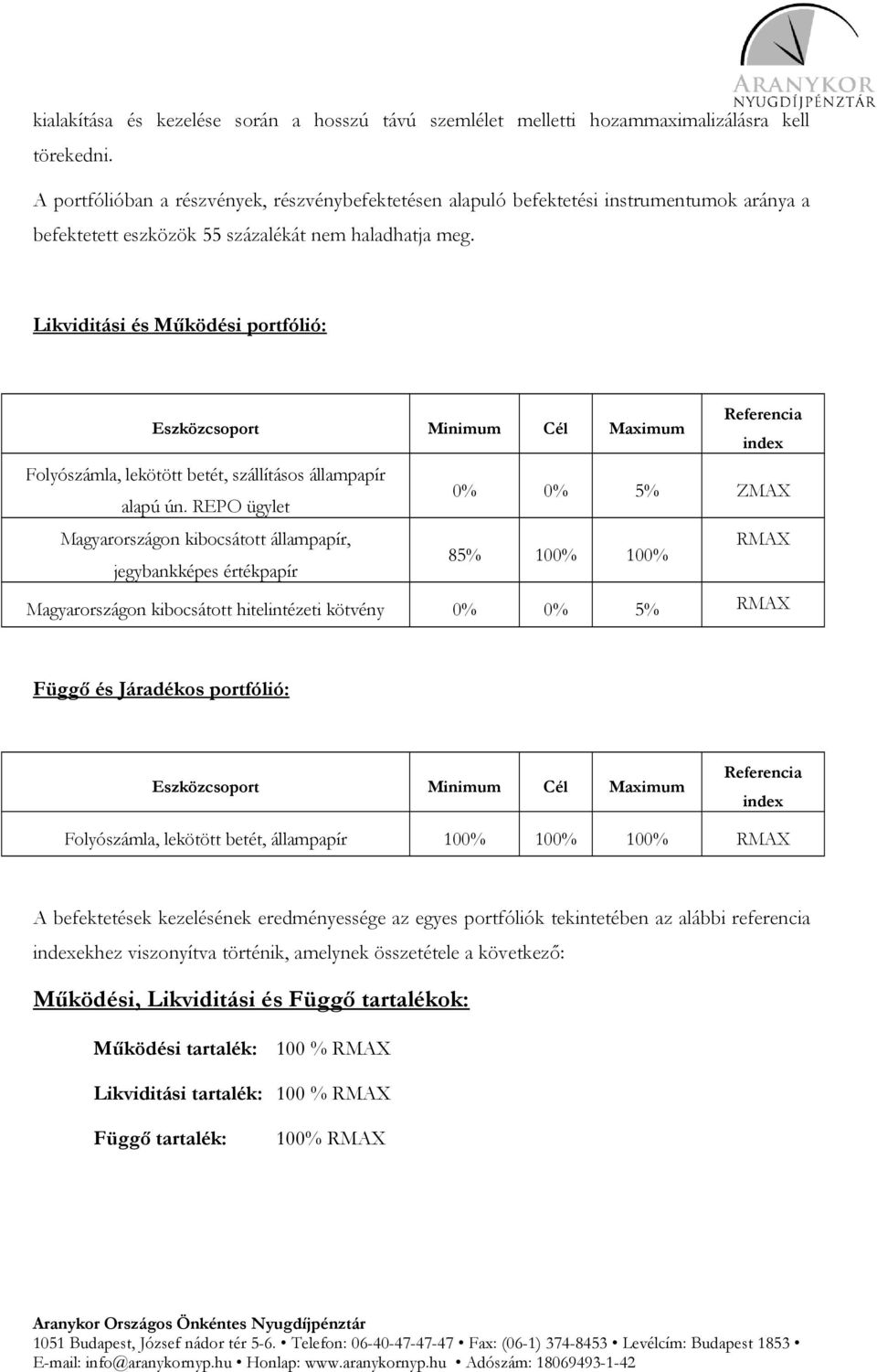 Likviditási és Működési portfólió: Eszközcsoport Minimum Cél Maximum Referencia index Folyószámla, lekötött betét, szállításos állampapír alapú ún.