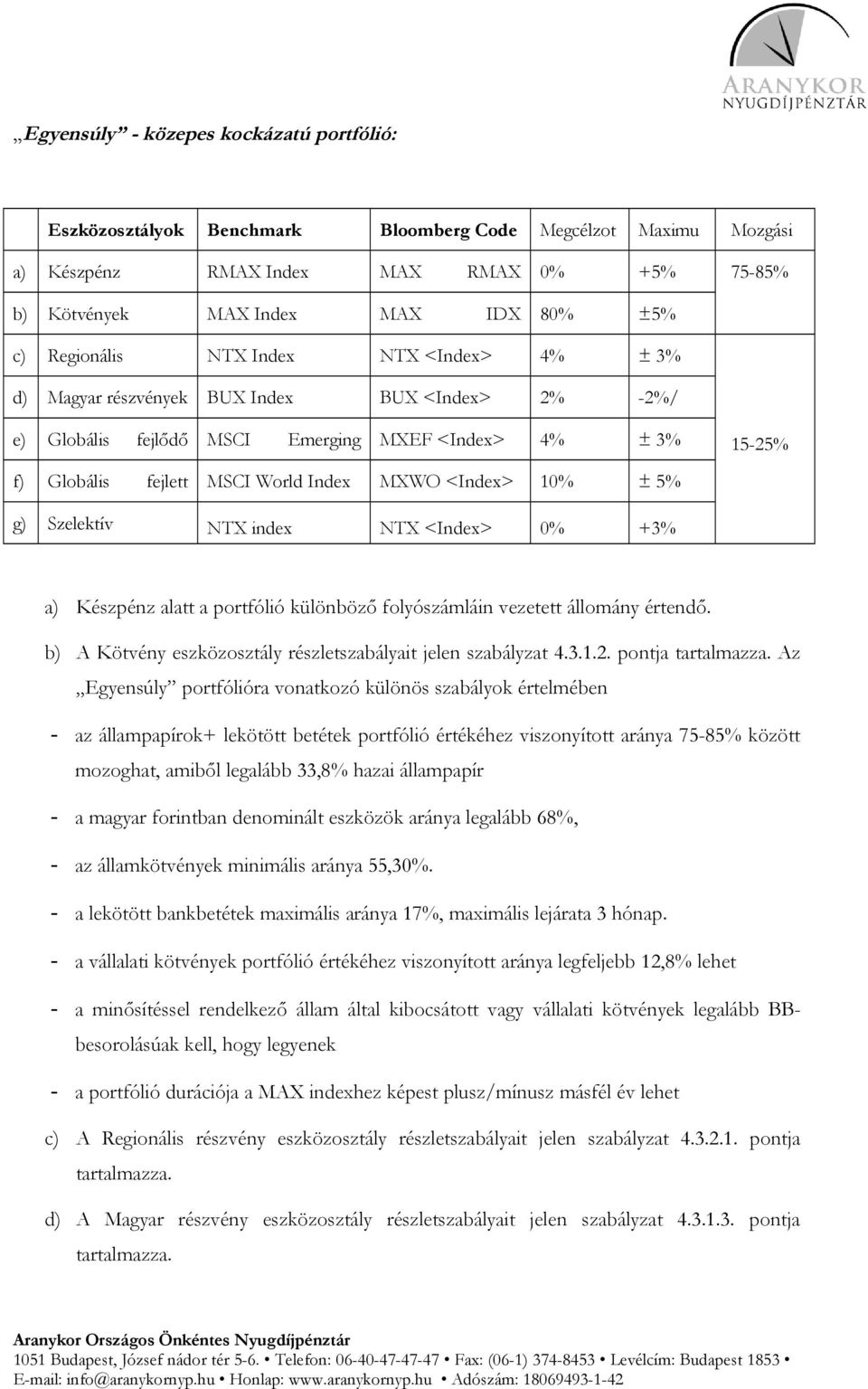 MSCI World Free Index Index MXWO 10% ± 5% g) piaci Szelektív részvények NTX index NTX 0% +3% értékpapírok a) Készpénz alatt a portfólió különböző folyószámláin vezetett állomány értendő.