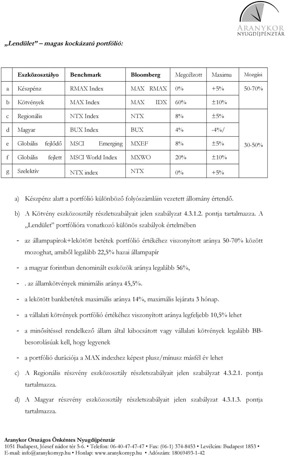 arány 0% Maximu m +5% eltérés Mozgási sáv 50-70% 60% ±10% 8% ±5% 4% -4%/ 8% +5% ±5% 30-50% 20% ±10% 0% +5% a) Készpénz alatt a portfólió különböző folyószámláin vezetett állomány értendő.