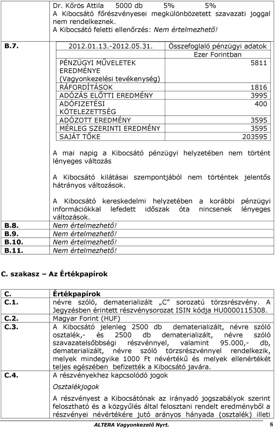 3595 MÉRLEG SZERINTI EREDMÉNY 3595 SAJÁT TŐKE 203595 A mai napig a Kibocsátó pénzügyi helyzetében nem történt lényeges változás A Kibocsátó kilátásai szempontjából nem történtek jelentős hátrányos