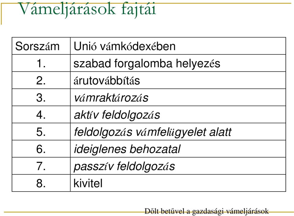 aktív feldolgozás 5. feldolgozás vámfelügyelet alatt 6.