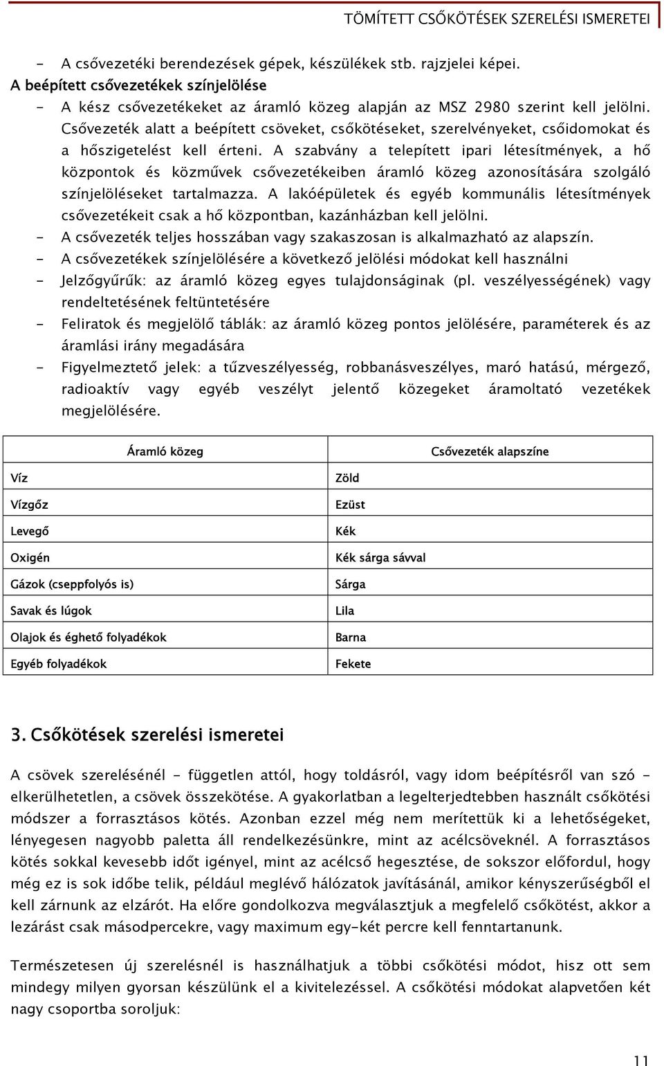 A szabvány a telepített ipari létesítmények, a hő központok és közművek csővezetékeiben áramló közeg azonosítására szolgáló színjelöléseket tartalmazza.