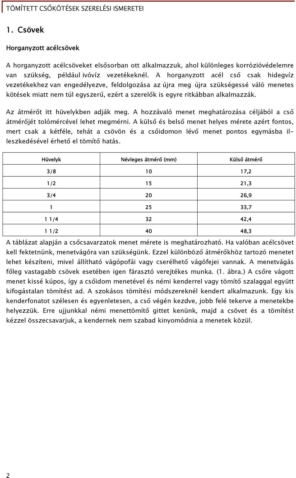 alkalmazzák. Az átmérőt itt hüvelykben adják meg. A hozzávaló menet meghatározása céljából a cső átmérőjét tolómércével lehet megmérni.