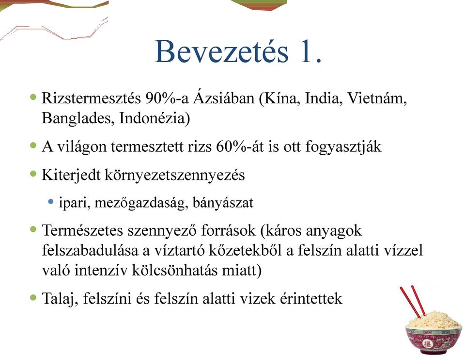 rizs 60%-át is ott fogyasztják Kiterjedt környezetszennyezés ipari, mezőgazdaság, bányászat