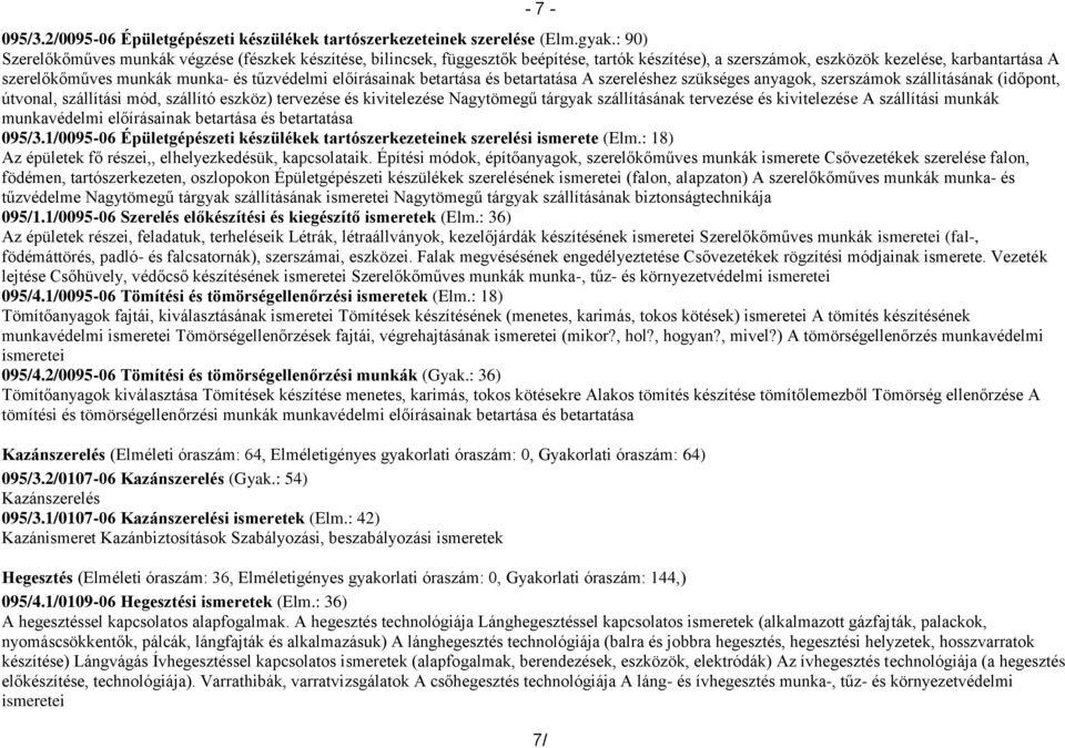 előírásainak betartása és betartatása A szereléshez szükséges anyagok, szerszámok szállításának (időpont, útvonal, szállítási mód, szállító eszköz) tervezése és kivitelezése Nagytömegű tárgyak