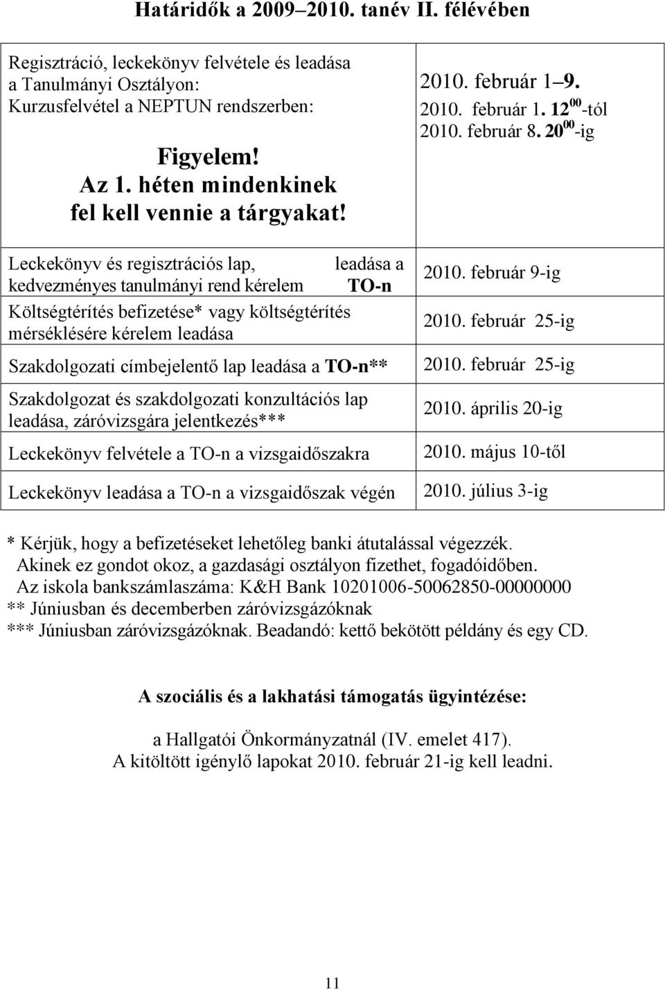 Leckekönyv és regisztrációs lap, leadása a kedvezményes tanulmányi rend kérelem TO-n Költségtérítés befizetése* vagy költségtérítés mérséklésére kérelem leadása Szakdolgozati címbejelentő lap leadása