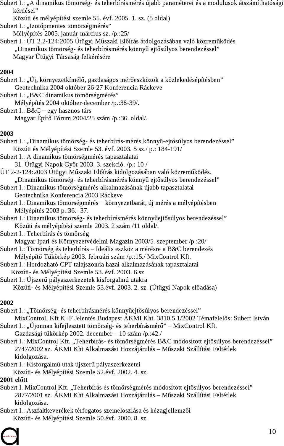 2-124:2005 Útügyi Műszaki Előírás átdolgozásában való közreműködés Dinamikus tömörség- és teherbírásmérés könnyű ejtősúlyos berendezéssel Magyar Útügyi Társaság felkérésére 2004 Subert I.