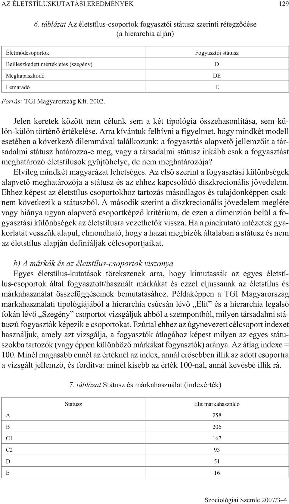 Forrás: TGI Magyarország Kft. 2002. Jelen keretek között nem célunk sem a két tipológia összehasonlítása, sem külön-külön történõ értékelése.