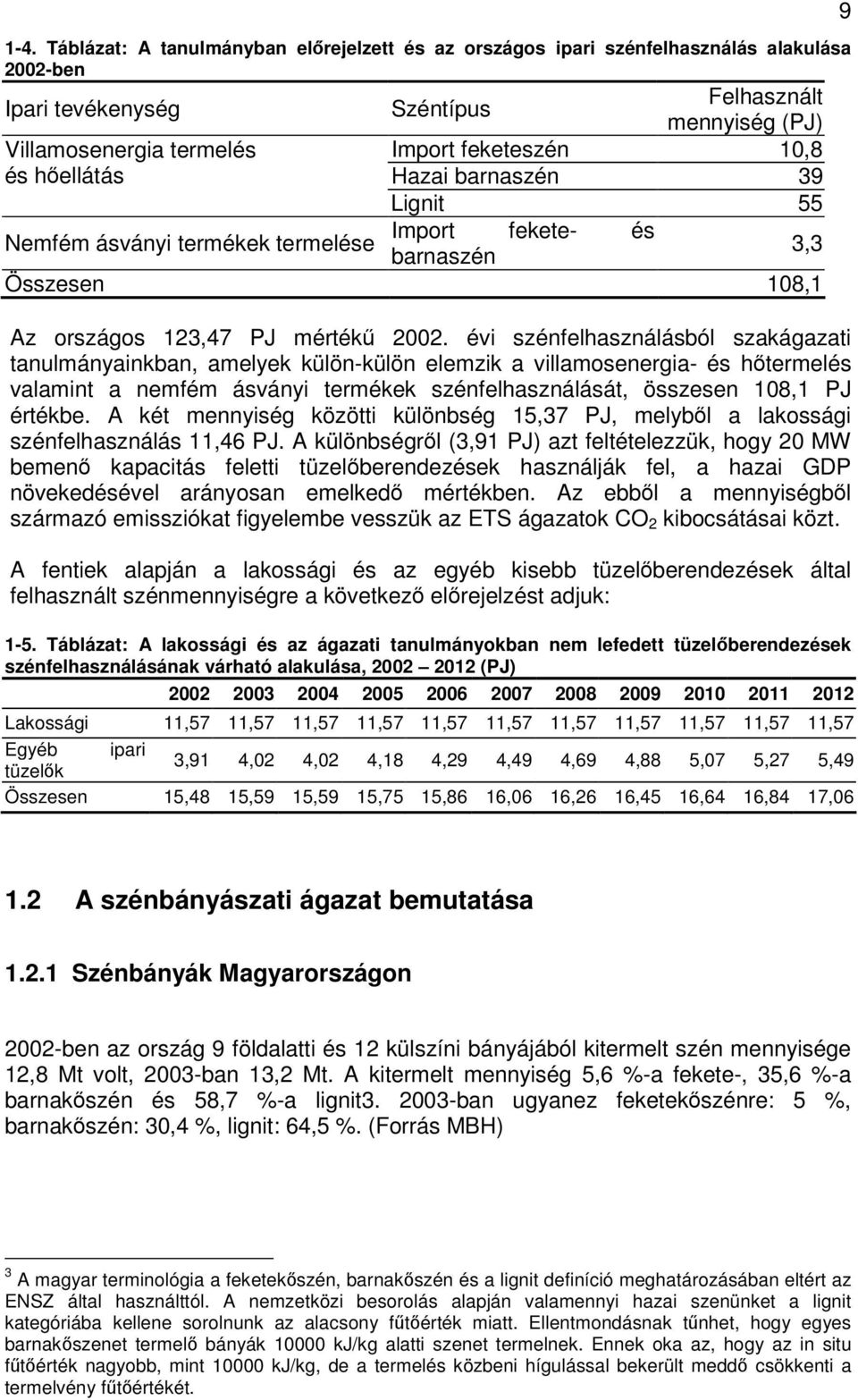 évi szénfelhasználásból szakágazati tanulmányainkban, amelyek külön-külön elemzik a villamosenergia- és htermelés valamint a nemfém ásványi termékek szénfelhasználását, összesen 108,1 PJ értékbe.