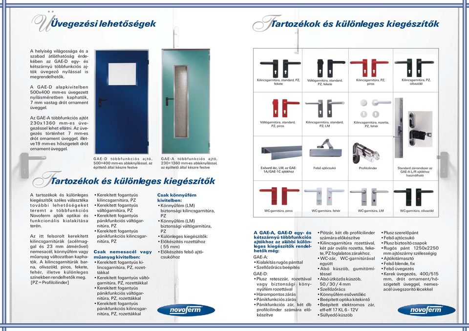 Kilincsgarnitúra, standard,, fekete Váltógarnitúra, standard,, fekete Kilincsgarnitúra,, piros Kilincsgarnitúra,, olívazöld Az GAE-A többfunkciós ajtót 230x1360 mm-es üvegezéssel lehet ellátni.