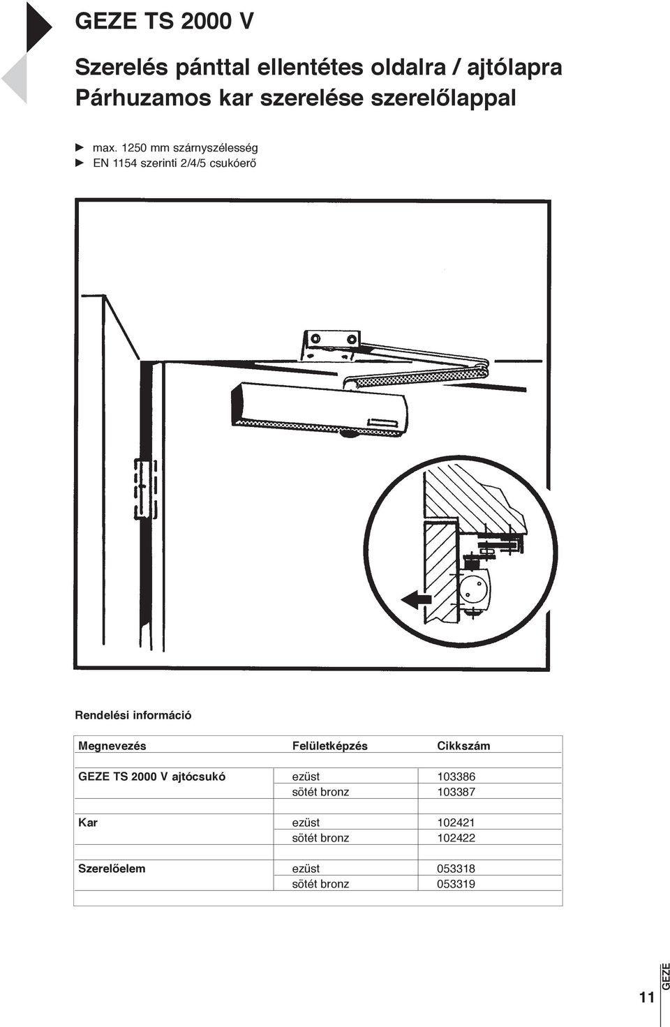 1250 mm szárnyszélesség EN 1154 szerinti 2/4/5 csukóerő TS 2000 V