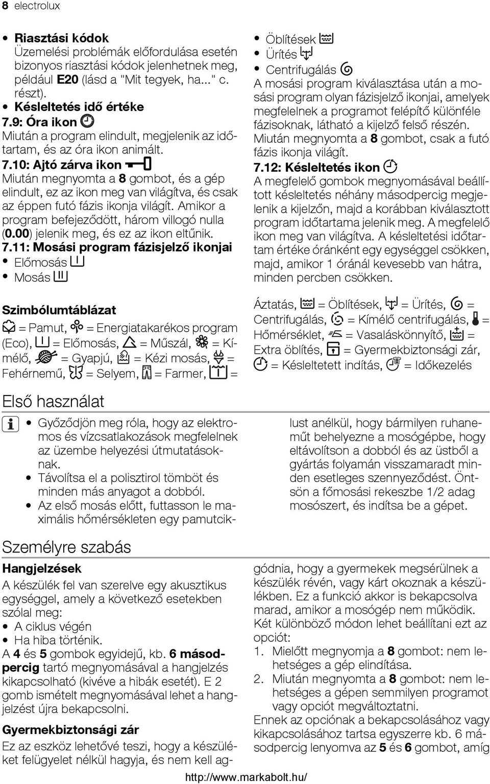 10: Ajtó zárva ikon Miután megnyomta a 8 gombot, és a gép elindult, ez az ikon meg van világítva, és csak az éppen futó fázis ikonja világít. Amikor a program befejeződött, három villogó nulla (0.