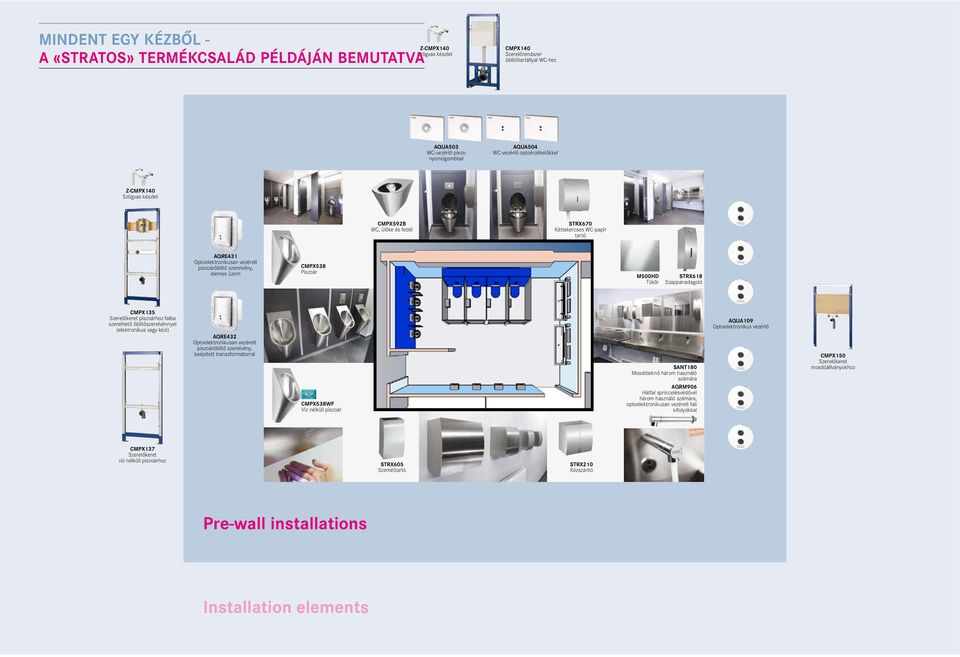 M500HD Tükör STRX618 Szappanadagoló CMPX135 Szerelőkeret piszoárhoz falba szerelhető öblítőszerelvénnyel (elektronikus vagy kézi) AQRE432 Optoelektronikusan vezérelt piszoáröblítő szerelvény,