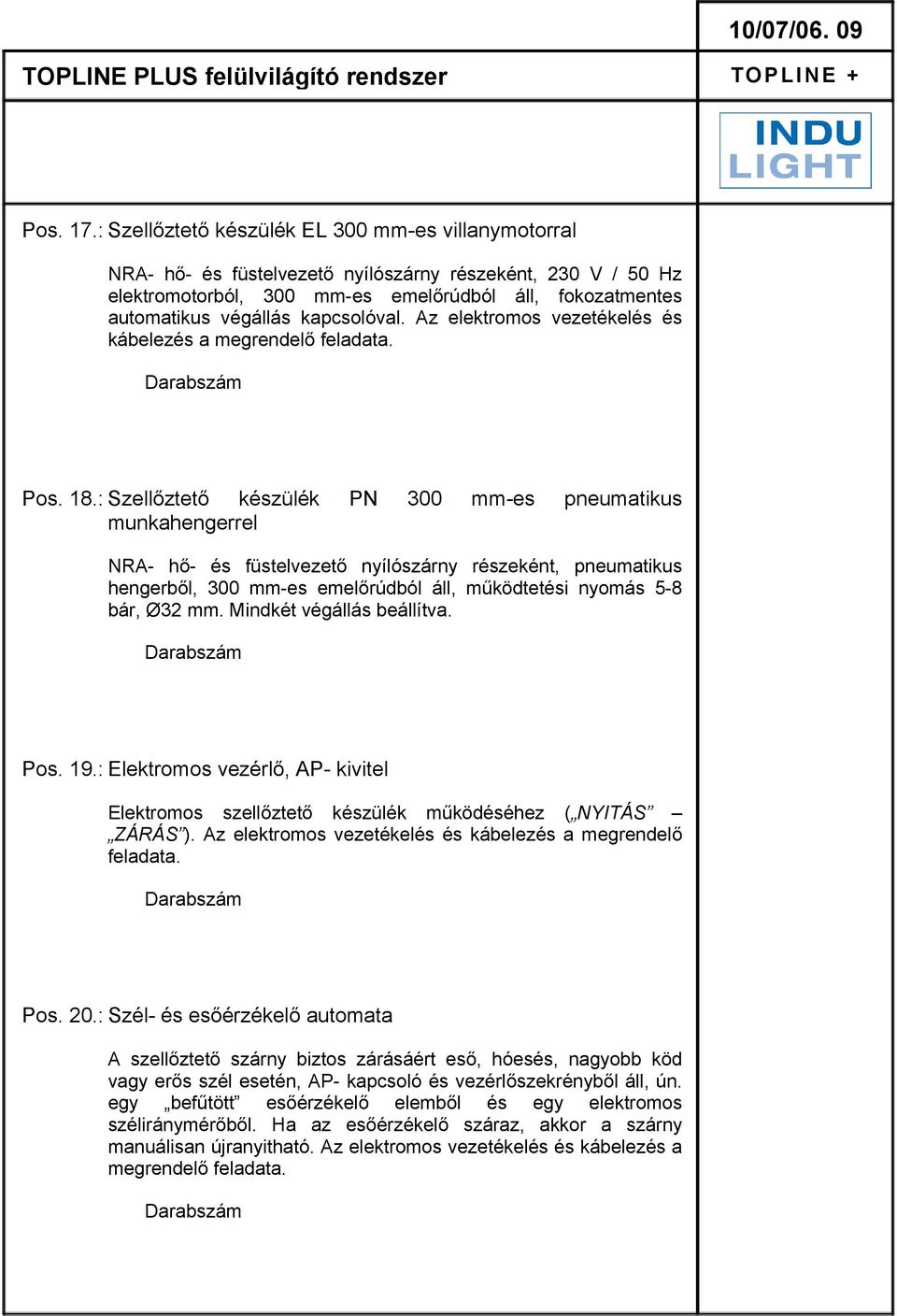 kapcsolóval. Az elektromos vezetékelés és kábelezés a megrendelő feladata. Pos. 18.