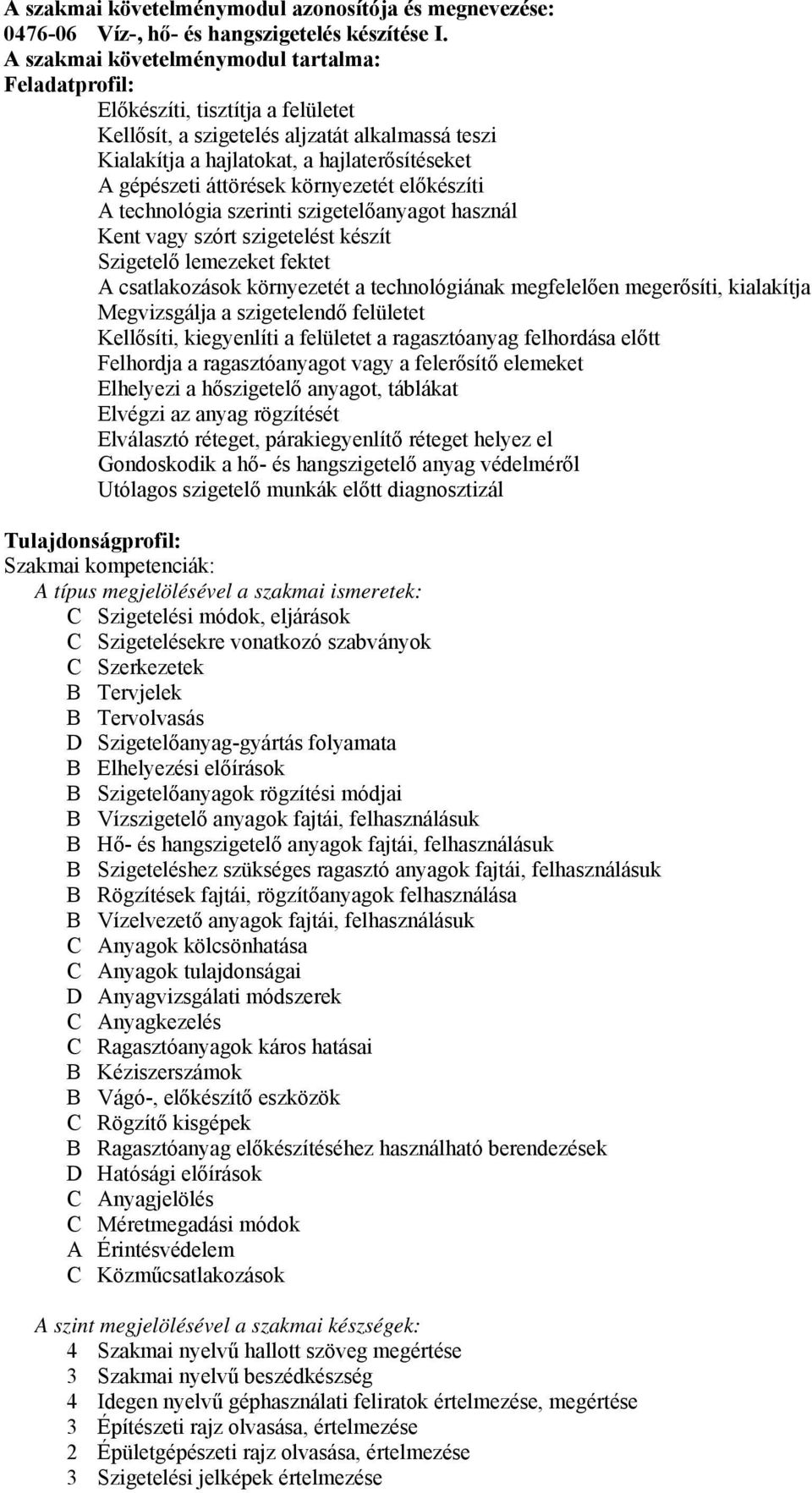 áttörések környezetét előkészíti A technológia szerinti szigetelőanyagot használ Kent vagy szórt szigetelést készít Szigetelő lemezeket fektet A csatlakozások környezetét a technológiának megfelelően