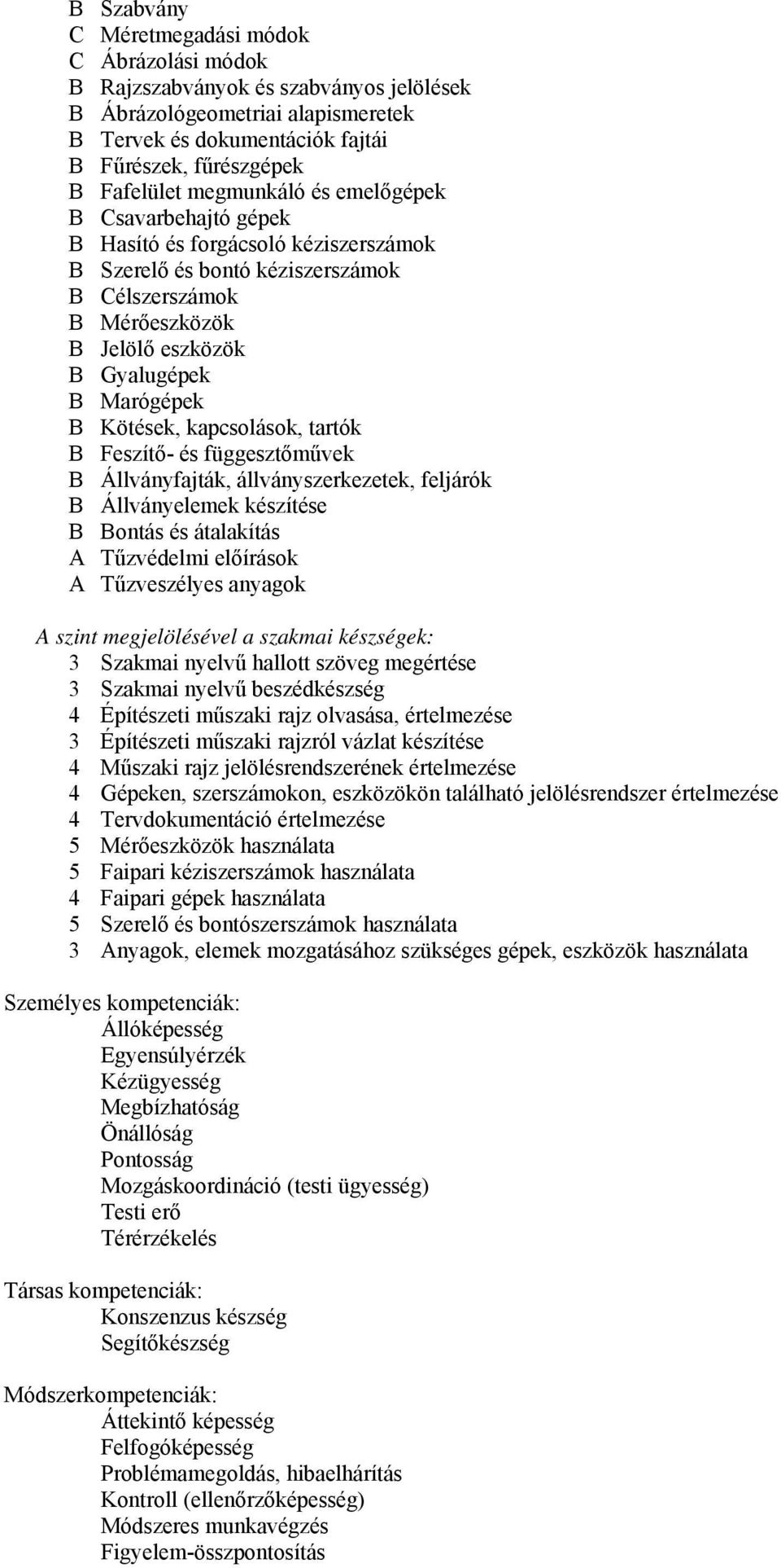 Kötések, kapcsolások, tartók B Feszítő- és függesztőművek B Állványfajták, állványszerkezetek, feljárók B Állványelemek készítése B Bontás és átalakítás A Tűzvédelmi előírások A Tűzveszélyes anyagok