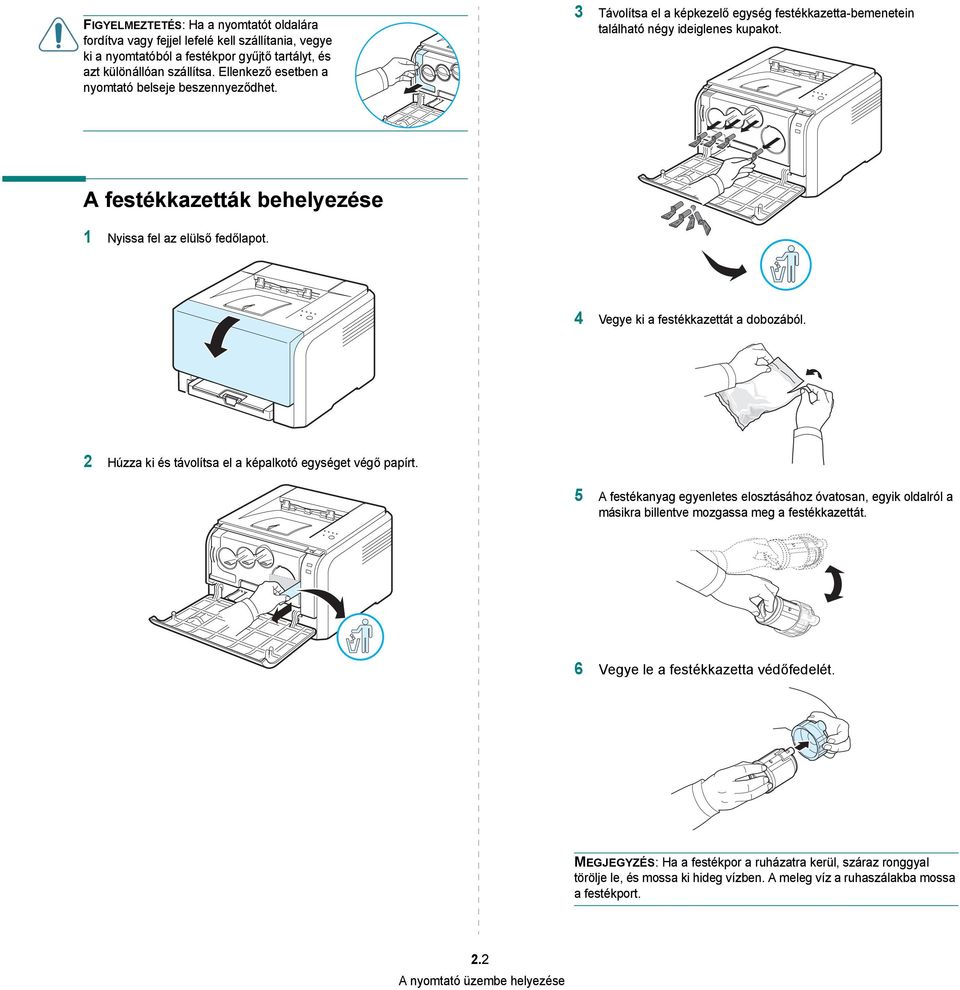 A festékkazetták behelyezése 1 Nyissa fel az elülső fedőlapot. 4 Vegye ki a festékkazettát a dobozából. 2 Húzza ki és távolítsa el a képalkotó egységet végő papírt.