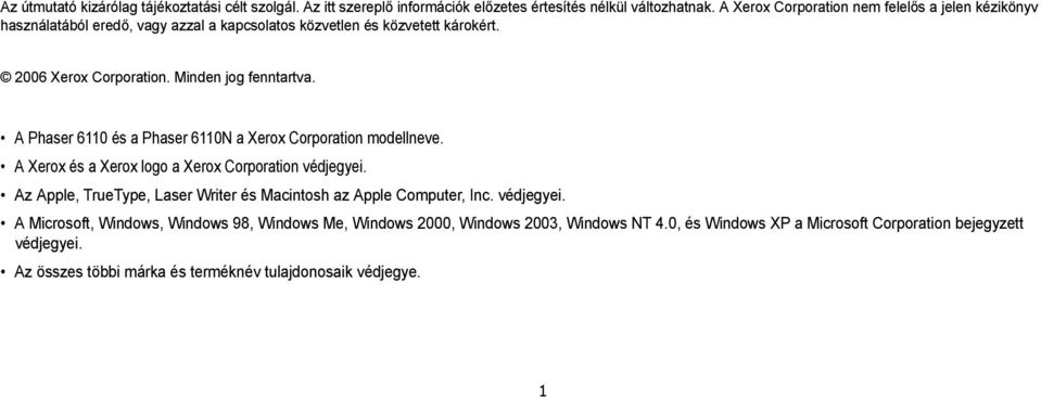 A Phaser 6110 és a Phaser 6110N a Xerox Corporation modellneve. A Xerox és a Xerox logo a Xerox Corporation védjegyei.