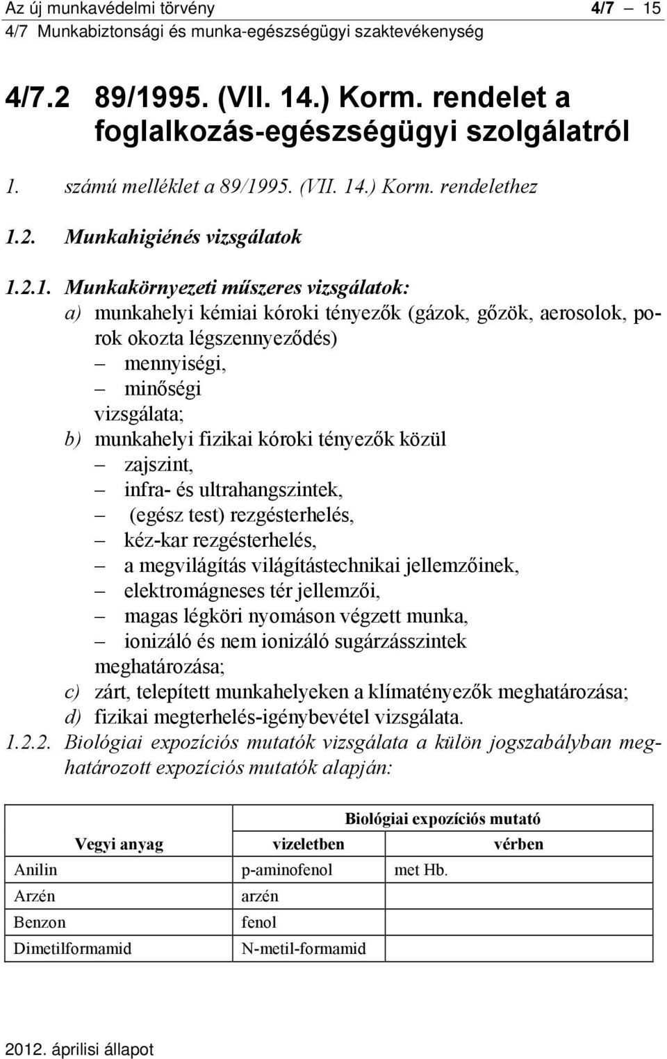 tényezők közül zajszint, infra- és ultrahangszintek, (egész test) rezgésterhelés, kéz-kar rezgésterhelés, a megvilágítás világítástechnikai jellemzőinek, elektromágneses tér jellemzői, magas légköri