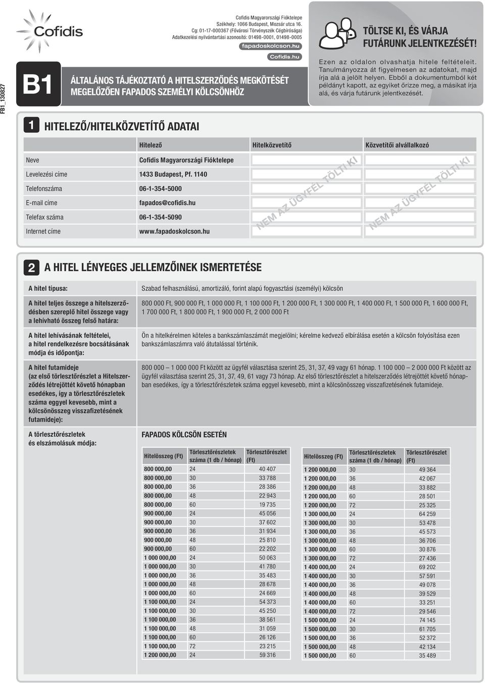 FB1_130827 B1 1 ÁLTALÁNos tájékoztató a hitelszerződés megkötését MEGELőzőEN Fapados SZEMÉLYI KölcsöNHöz HITELEZŐ/HITELKÖZVETÍTő ADATAI Ezen az oldalon olvashatja hitele feltételeit.