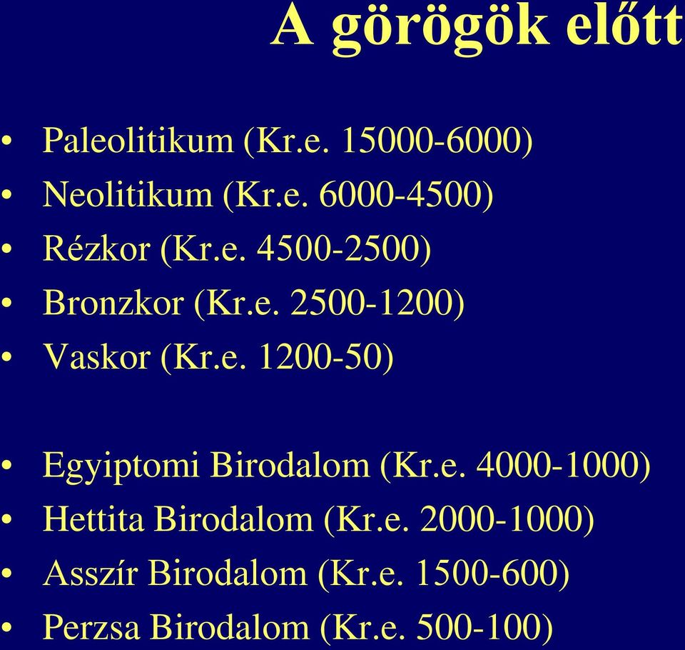 e. 4000-1000) Hettita Birodalom (Kr.e. 2000-1000) Asszír Birodalom (Kr.e. 1500-600) Perzsa Birodalom (Kr.